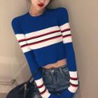 Long Sleeve Striped Cropped Knit Top Blue - One Size