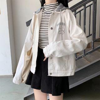 Bear Print Detachable Hood Denim Jacket