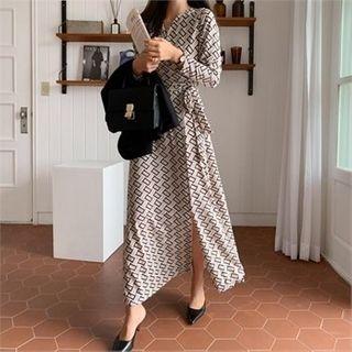 Deep-slit Patterned Maxi Wrap Dress