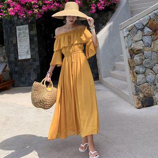 Off-shoulder Ruffle Trim Chiffon Maxi Dress