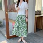Short-sleeve Frill Trim Blouse / Floral Print Skirt / Set