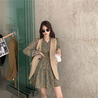 Long-sleeve Floral Print Mini A-line Dress / Single-breasted Vest