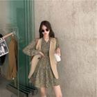 Long-sleeve Floral Print Mini A-line Dress / Single-breasted Vest