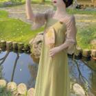Two-tone Square Neck Elbow-sleeve Dress
