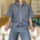 Elbow-sleeve Collar Zip-up Shirt