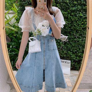 Dotted Mesh Short-sleeve Cropped Blouse / Denim Jumper Skirt