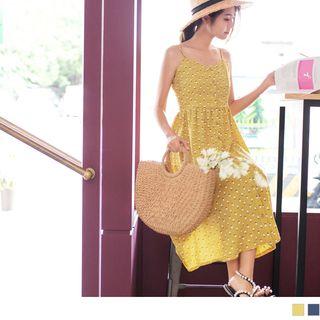 Spaghetti-strap Dotted Print Buttoned Dress