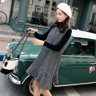 Set: Mock-turtleneck Knit Top + Plaid Ruffle Hem Mini Pinafore Dress