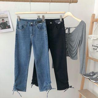 Drawstring High-waist Denim Straight Cut Pants