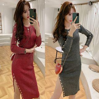 Button-detail Melange Ribbed Midi Knit Dress