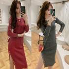 Button-detail Melange Ribbed Midi Knit Dress