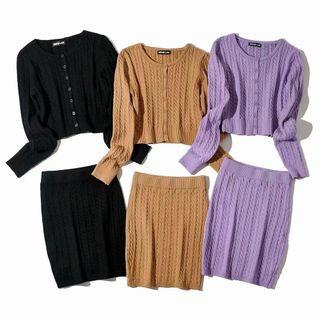 Set: Cable Knit Cardigan + Knit Fitted Mini Skirt