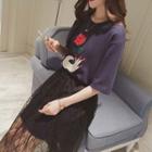 Set: Short-sleeve T-shirt Dress + Lace Midi Skirt
