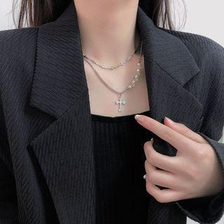 Layered Faux Pearl Cross Necklace Silver - One Size
