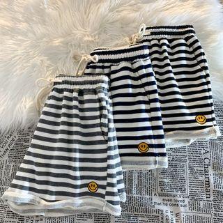 Smiley Face Embroidered Striped Wide Leg Shorts