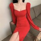 Square-neck Puff-sleeve Skinny Split Midi Dress