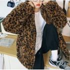Leopard Print Fleece Zip-up Jacket Coffee - One Size