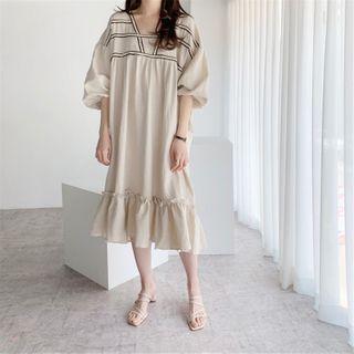 Contrast Trim Puff-sleeve Midi Shift Dress Almond - One Size