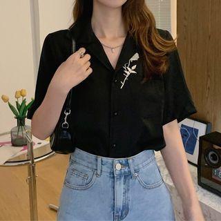 Short-sleeve Lapel Flower Embroidered Shirt Black - One Size