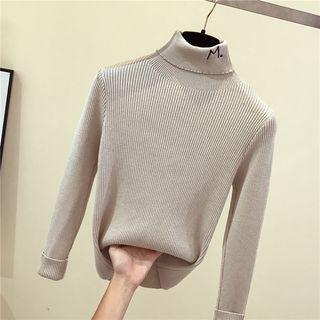 Turtleneck Letter Embroidered Knit Top