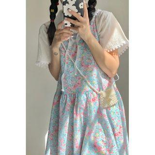 Short-sleeve Tie-neck Midi A-line Dress / Spaghetti-strap Floral A-line Dress