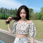Off-shoulder Floral Print Cropped Blouse Floral Print - White - One Size
