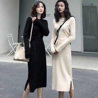 Drawstring-waist Slit Midi Knit Dress