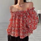 Off-shoulder Floral Print Loose-fit Blouse Red - One Size