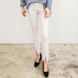 Band-waist Slit-hem Semi Boot-cut Pants