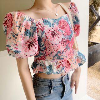Short-sleeve Floral Print Cut-out Crop Top
