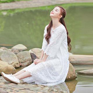 Set: 3/4-sleeve Embroidered Dress + Slipdress