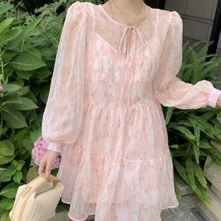 Set: Print A-line Chiffon Dress + Slipdress
