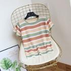 Short-sleeve Striped Knit Top Green & Orange & Almond - One Size