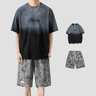 Elbow-sleeve Lettering Gradient T-shirt / Tie-dyed Wide Leg Shorts