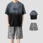 Elbow-sleeve Lettering Gradient T-shirt / Tie-dyed Wide Leg Shorts