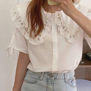 Short-sleeve Frill Trim Plain Blouse White - One Size