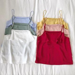 Plain Ruffled-trim Chiffon Strap Top