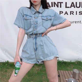 Short-sleeve Belted Denim Romper Light Blue - One Size