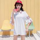 Elbow-sleeve Cartoon Embroidered A-line Polo Dress