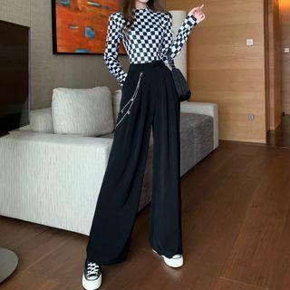 Checkerboard Long-sleeve T-shirt / High-waist Wide-leg Pants
