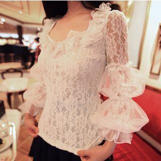 Set: Lantern Sleeve Lace Long-sleeve Top + Pleated Suspender Skirt