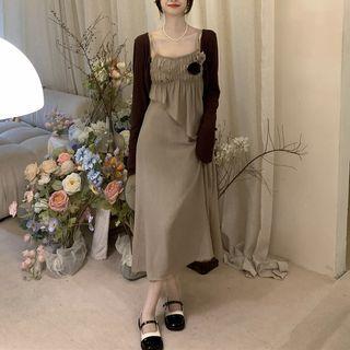Spaghetti Strap Plain Ruched Dress / Long-sleeve Cardigan