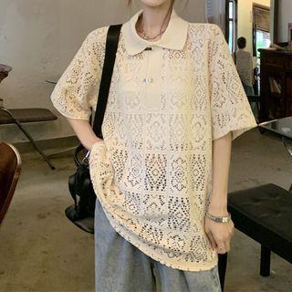 Short-sleeve Pointelle Polo Knit Top Almond - One Size