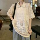 Short-sleeve Pointelle Polo Knit Top Almond - One Size
