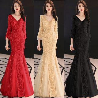 Sequined Flared-sleeve Mermaid Evening Gown