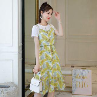 Short Sleeve Mock Two Piece Print Chiffon Dress