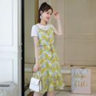 Short Sleeve Mock Two Piece Print Chiffon Dress