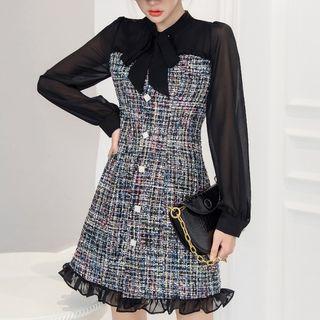 Long-sleeve Tweed Panel Mini A-line Dress