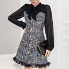 Long-sleeve Tweed Panel Mini A-line Dress