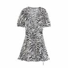 Puff-sleeve Zebra Print Drawstring A-line Dress